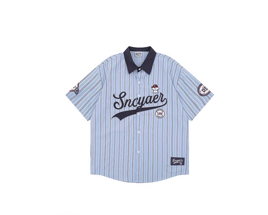 Wukong american retro baseball puppy stripes short sleeve shirt men