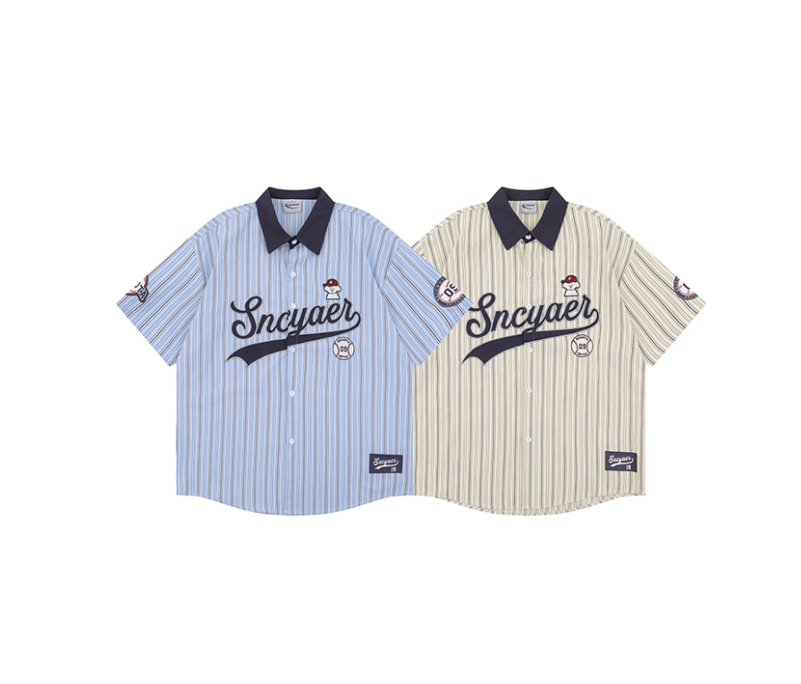 Wukong american retro baseball puppy stripes short sleeve shirt men