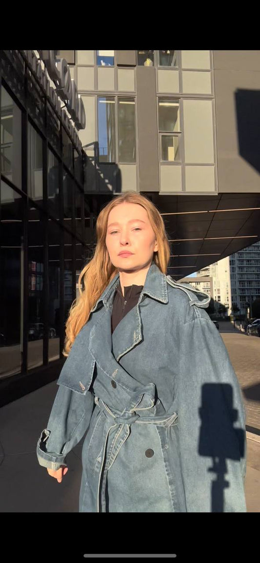 Denim Oversized Trench Coat – Korean Style 2025 New Arrival 💙