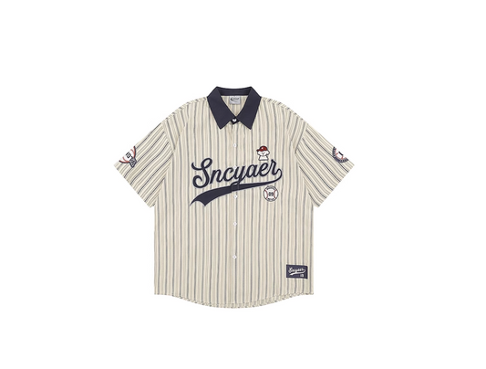 Wukong american retro baseball puppy stripes short sleeve shirt men