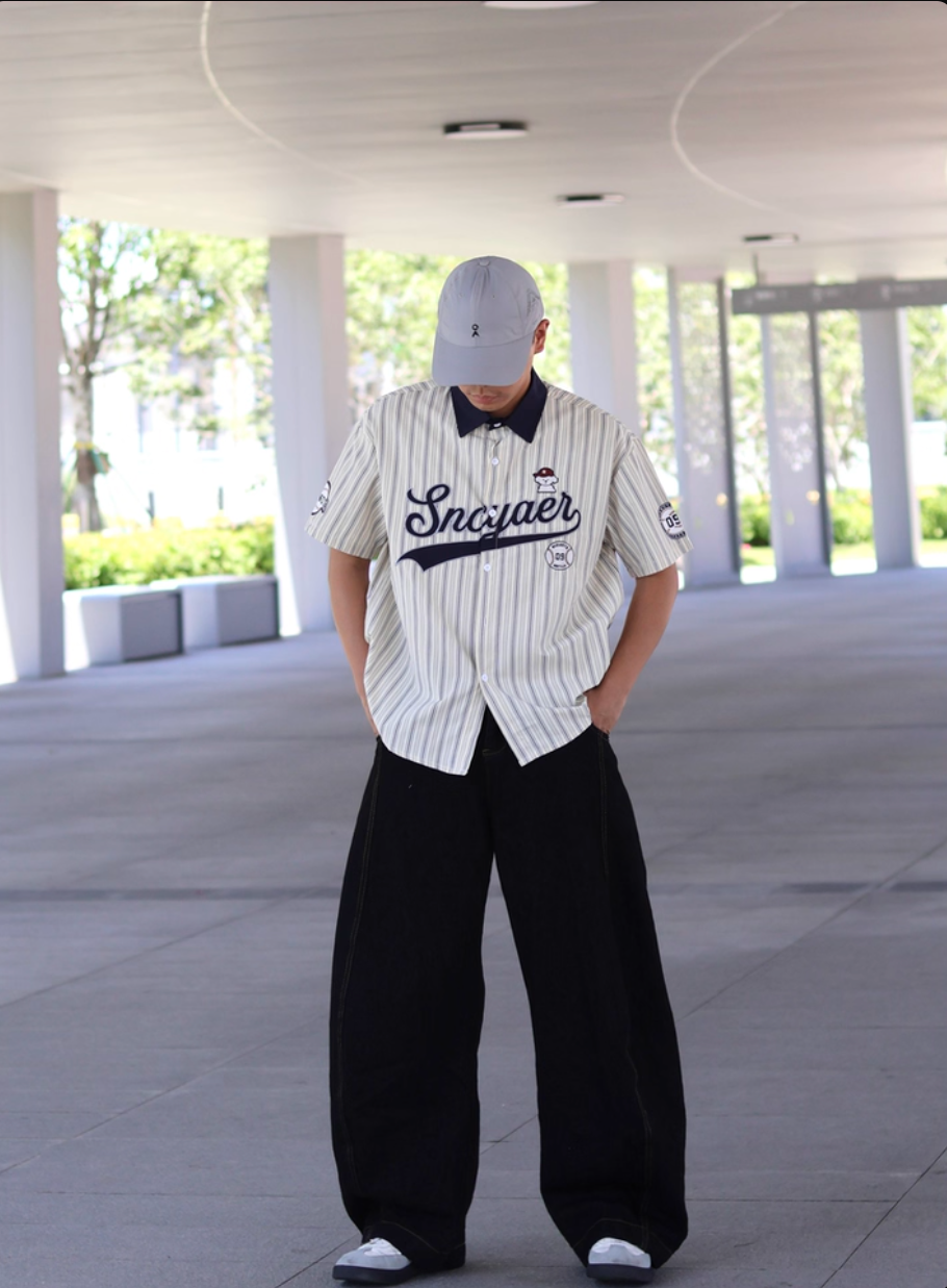 Wukong american retro baseball puppy stripes short sleeve shirt men